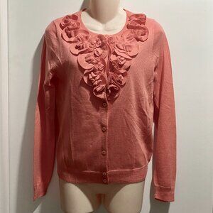 J. Crew Apricot Fine Knit Wool Ruffles Quiet Luxury Preppy Sweater Cardigan S